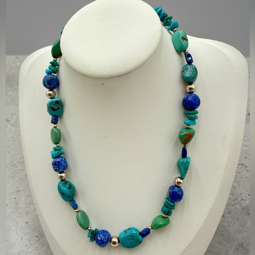 Southwestern Turquoise Denim Lapis Sterling Silver Nugget Necklace 17-20” 39gr